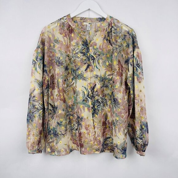 Amuse Society Eva Luna Chiffon Sheer Floral Button-Up Blouse Size Small - Picture 1 of 14